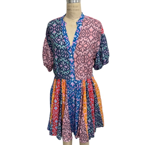 Xirena Lenna Mixed Pattern Shirt Dress Size L Short Sleeves Button Front - Picture 1 of 9